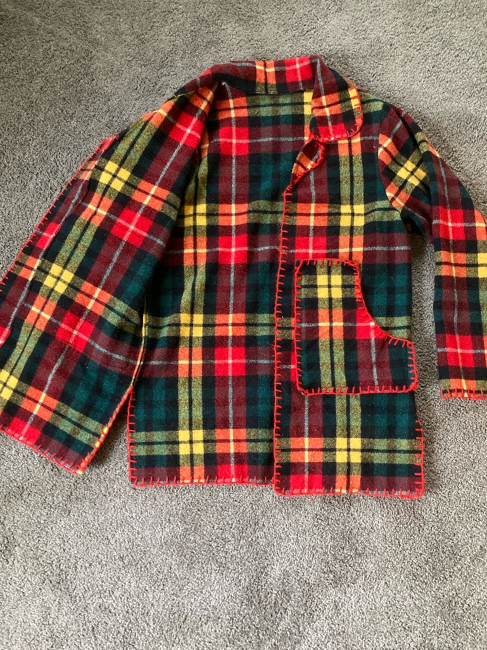 Vintage Handmade Wool Blanket Jacket Red Green Yellow Plaid Long Coat - Picture 2 of 6